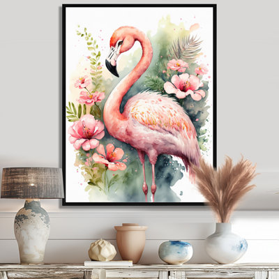 Flamant rose, aquarelle florale - flamant rose, art mural