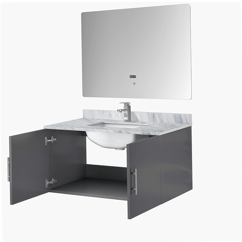 Lavabo de baignoire avec robinet et miroir à DEL, Gris foncé, 36"