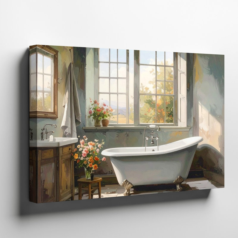 Toile d'art mural d'une scène de salle de bain de style rétro artistique avec une baignoire autoportante sous une qualité supérieure prête à accrocher