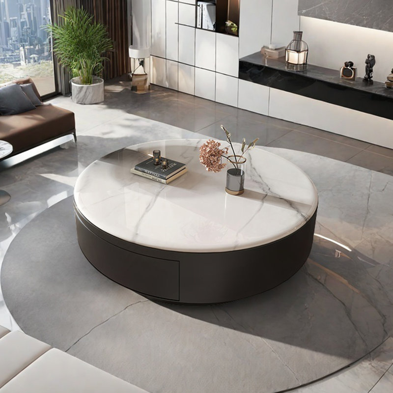 Table basse ronde en pierre supercristalline, Blanc, H 13 po x L 31,5 po x l 31,5 po