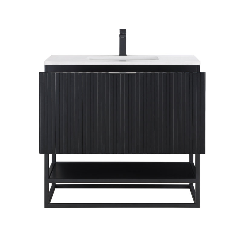 Terra 36'' W Single Vanity, Calacatta Quartz/Widespread Faucet Mount, Midnight Black, Matte Black