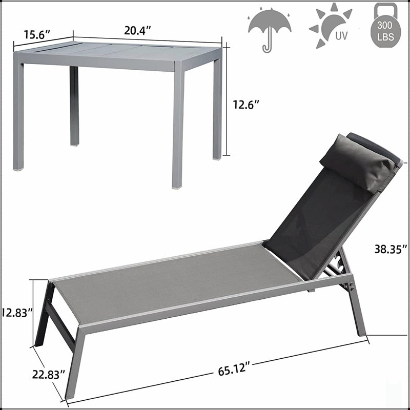 Patio Chaise Lounge Set With Adjustable Backrest, Textilene Sunbathing Recliner For Poolside Relaxation, Gray