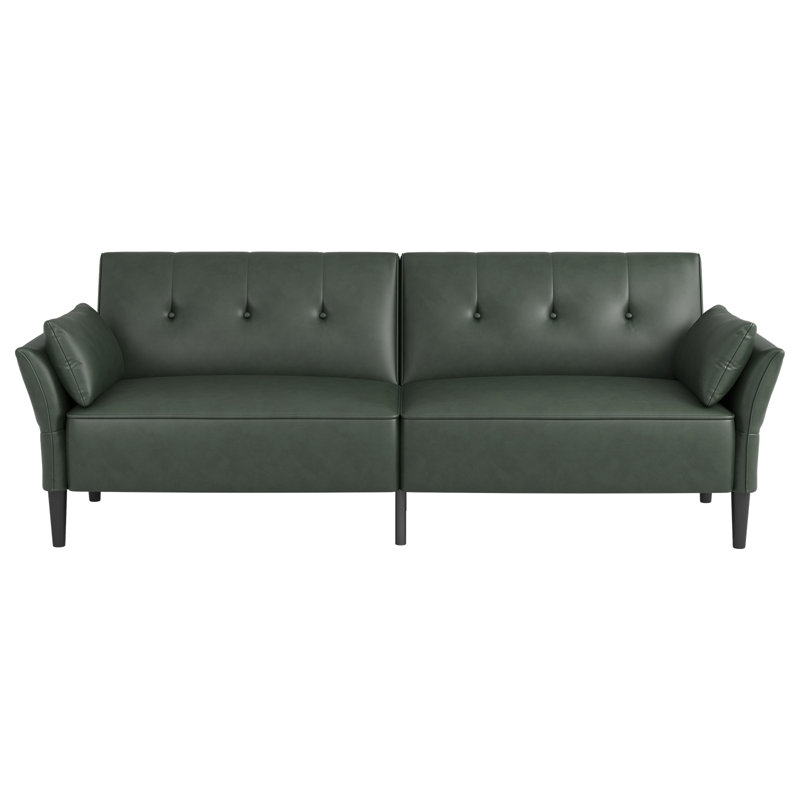 89" Faux Leather Convertible Sofa Couch with 2 Square Pillows,Adjustable Backrest& Armrests, Green