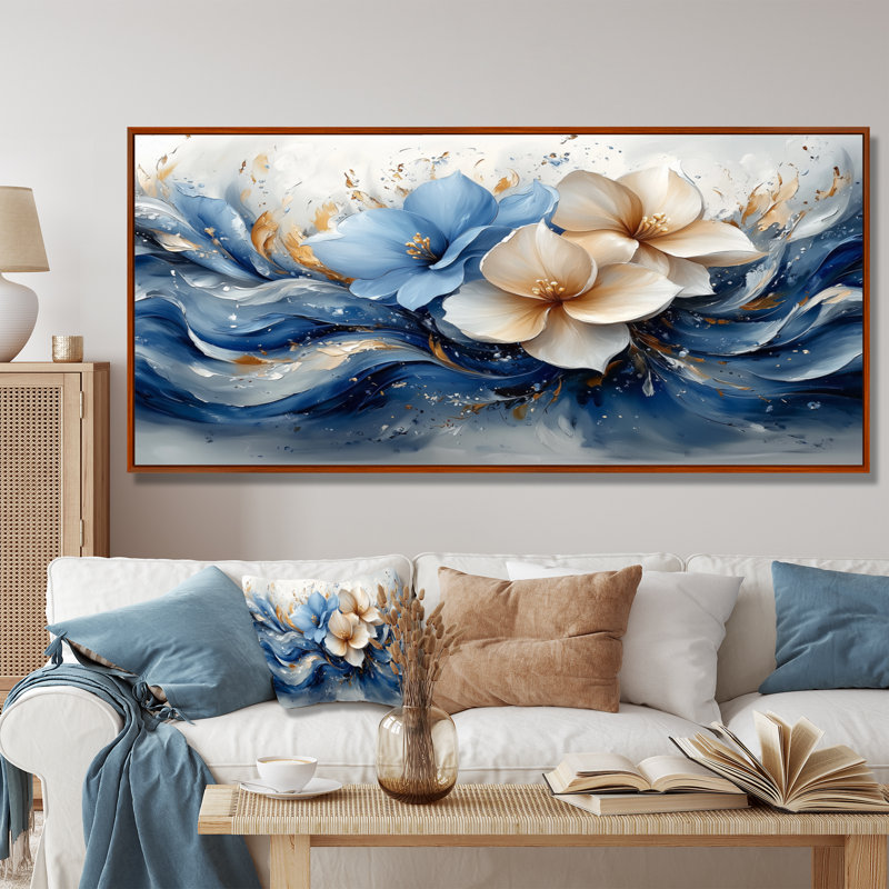 «Blue White Plumeria Radiance - Plumeria», reproduction d'art sur toile encadrée, H 28 po x l 60 po, Cadre flottant brun