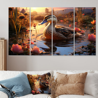 «Brown Duck Feathered Floral Elegance» - ensemble d'art mural 4 pièces canard