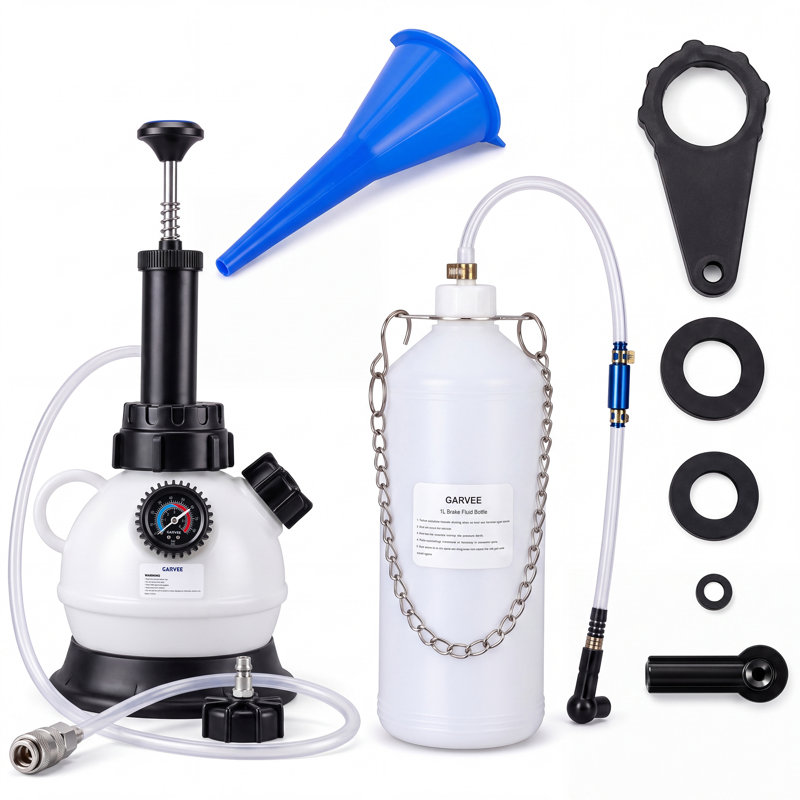 Ensemble de purge de frein manuel de 2 L avec manomètre et soupape de sûreté, fabrication en PE et en nylon, adaptateur de 43,5 mm et bouteille de déchets de 1 L pour chasse de liquide de frein One-Man