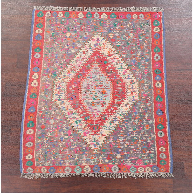 Tapis de zone en laine rouge/gris/beige 3 pi 9 po x 4 pi noué la one-of-kind à la main Rayle