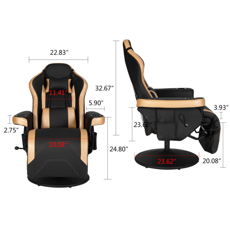 Inbox Zero Reclining Ergonomic Swiveling PC & Racing Game Chair with Footrest, Black/Gold