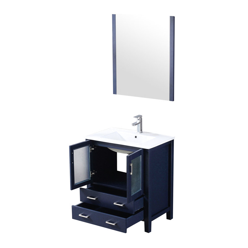 30 po Meuble-lavabo large en bois bleu marine pour salle de bain avec comptoir en céramique blanc résistant aux taches, robinet et lavabo à miroir rond encastré mural de 28 po, miroir biseauté