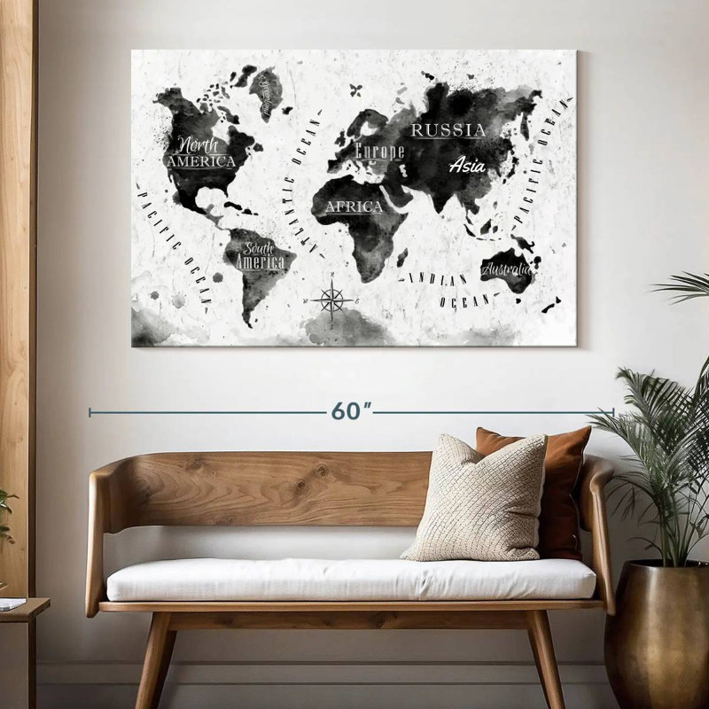 Carte du monde à l'encre noire d'Aliaz, H 34 po x l 51 po