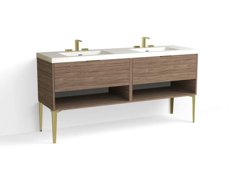 Modo 72" W Freestanding Double Bathroom Vanity with Dean Leg, Matte White/8" Widespread, Nocino, Satin Brass