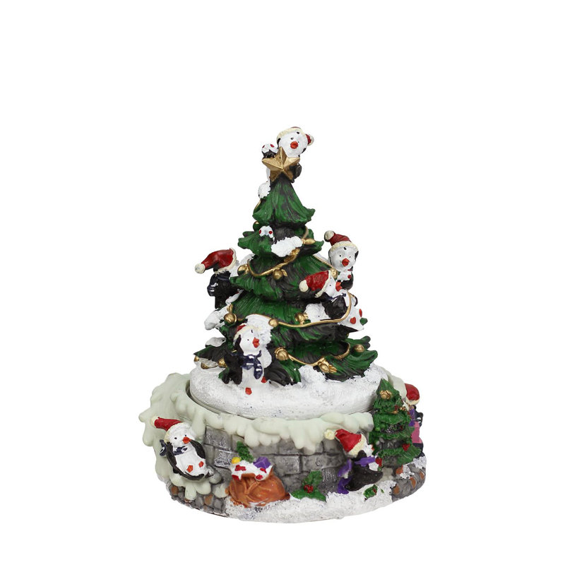 Boîte à musique 6,5 "avec pingouins et arbre de Noël