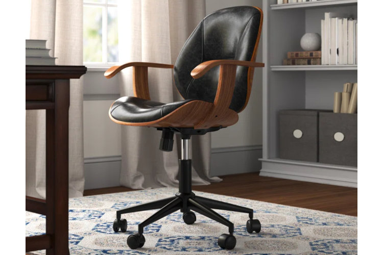 wood and black leather task chair