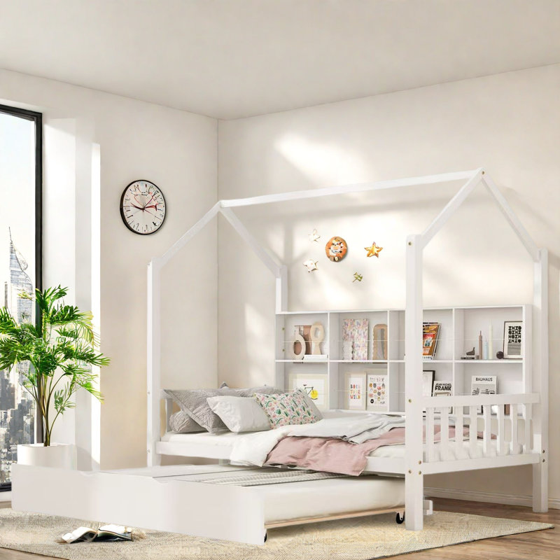 Lit en bois avec couchette et tablettes, Simple