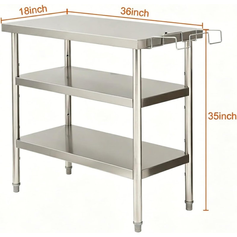 Table de travail à bord droit en acier inoxydable à trois couches avec tablette à ordures 36 po x 18 po x 35 po, table de préparation commerciale robuste, épaisseur 0,7 mm