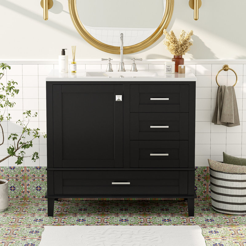 Meuble-lavabo simple 36 po avec plateau en céramique, Noir, noir, noir, noir