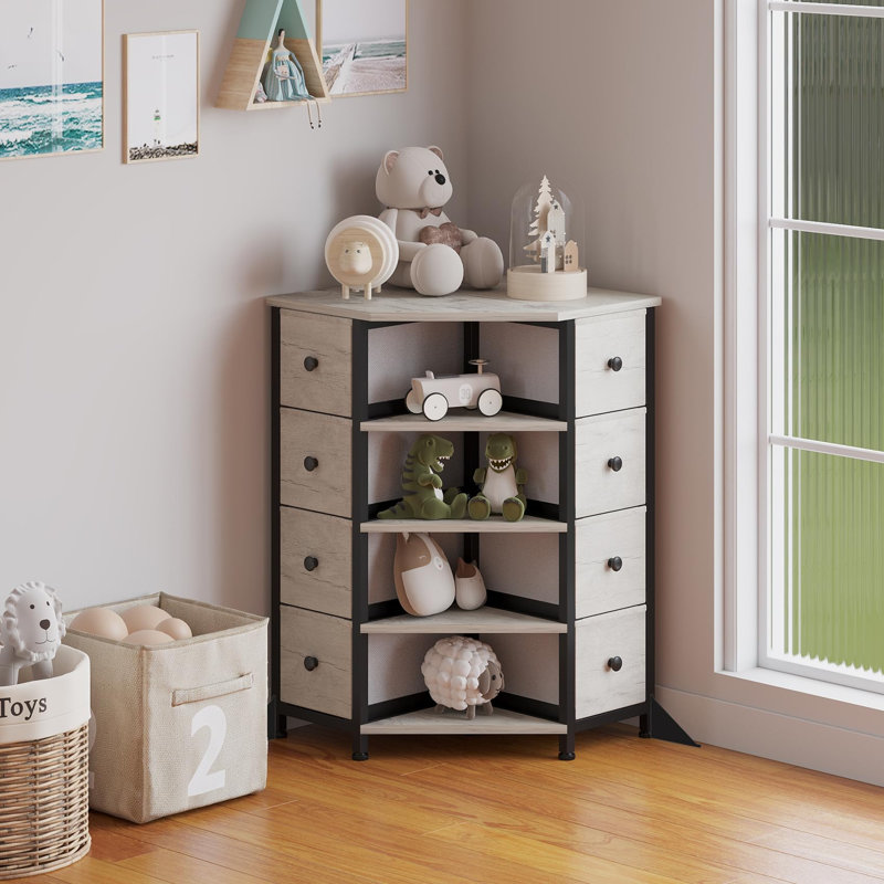 Commode de coin à 8 tiroirs et 4 étagères, meuble de rangement gain de place pour chambre, commode en tissu avec plateau en bois, tour de rangement pour vêtements pour chambre, dressing, salon