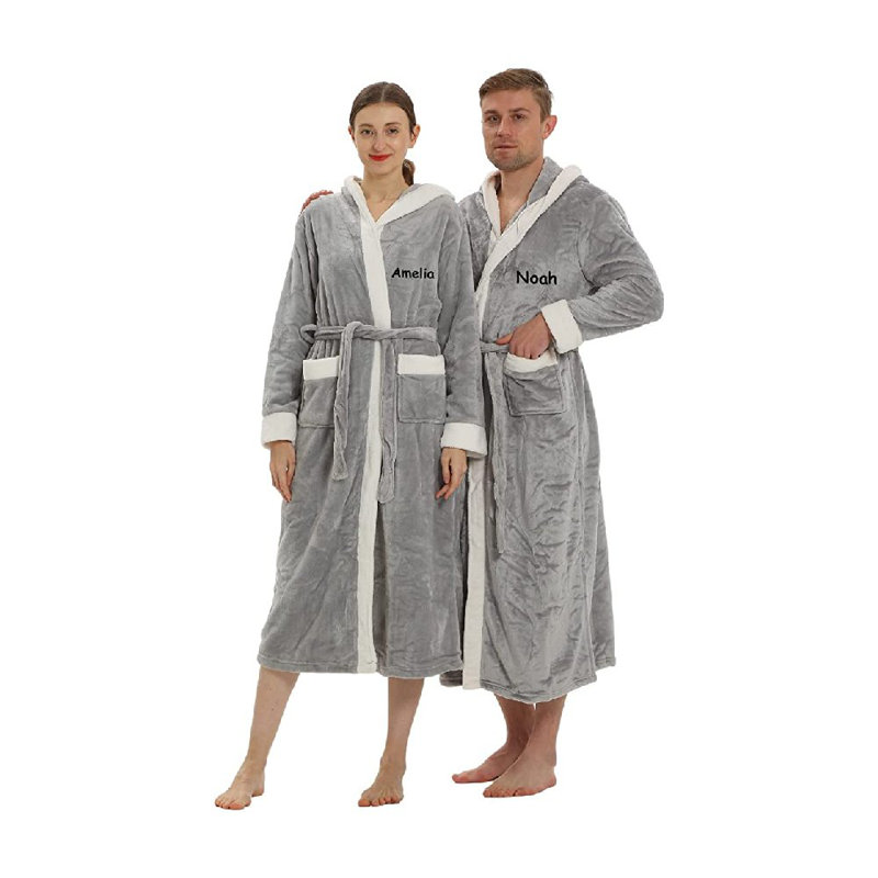 Peignoir en molleton mi-mollet avec poches et capuche, Gris clair, Oui