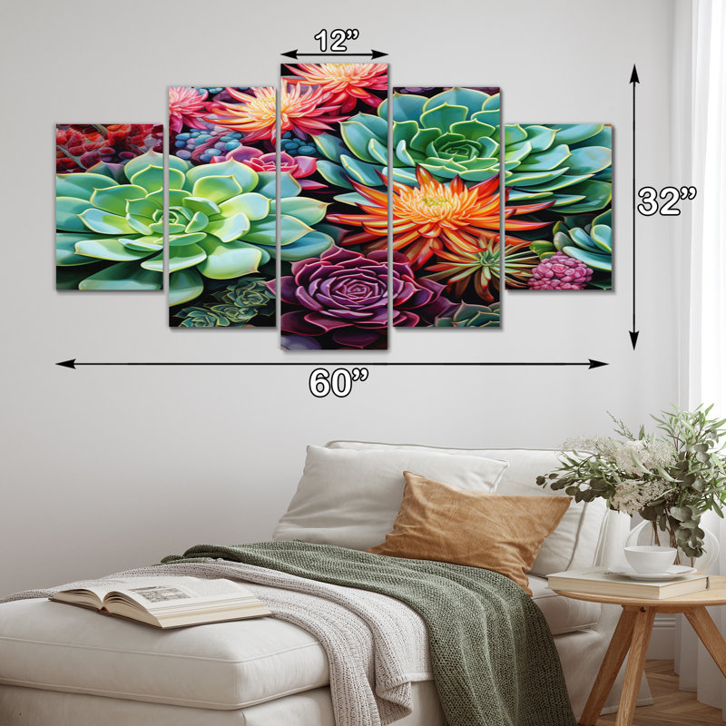 «Green Orange Succulents Desert Blooms I», décoration murale florale, 5 panneaux