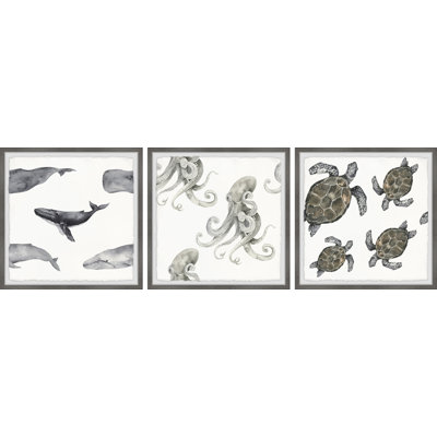 Todmorden Whales And Octopus by Marmont Hill - 3 Piece Single Picture Frame Painting Set
