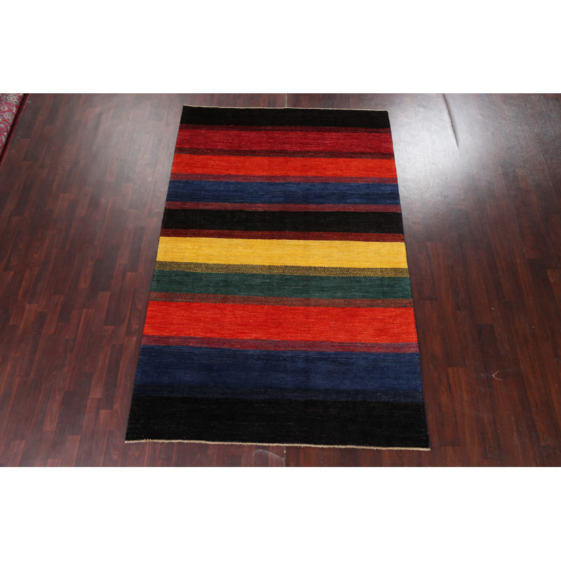 Tapis noir / rouge / jaune en laine noué à la main de conception unique 6 pi 1 po x 9 pi 7 po