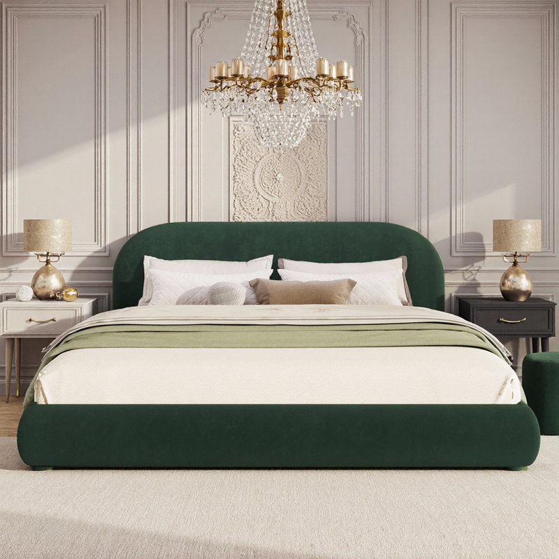 Très grand lit plateforme en velours avec tête de lit courbée très grand, Très grand lit, Vert