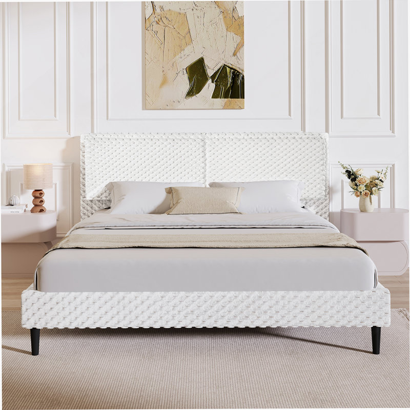 Lit plateforme, cadre de lit de chambre à coucher avec dossier à rembourrage doux, Blanc, Grand lit