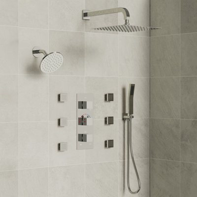 Thermostatic Dual Showerheads System, Wall Mount 12" High-Pressure Rainfall Shower Faucet with Handheld Spray and Body Jet