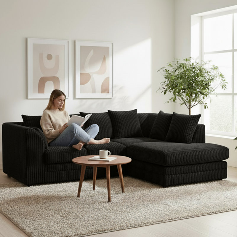 Jumbo Cord Upholstered Corner Sofa Small Back Cushion with Foot Stool , Black, Right Hand Facing