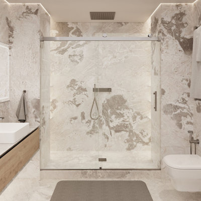 Porte de douche coulissante Nexo 142-152 cm L x 196 cm H, quincaillerie en nickel brossé, verre clair de 10 mm d'épaisseur