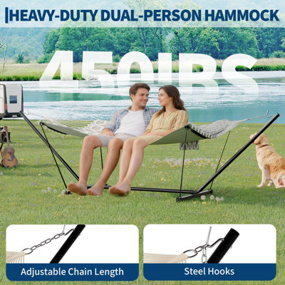 2-Person Double Hammock with Steel Stand & Detachable Pillow | 450lb Capacity, Adjustable Chains, Curved Spreader Bar for Patio, Backyard & Poolside
