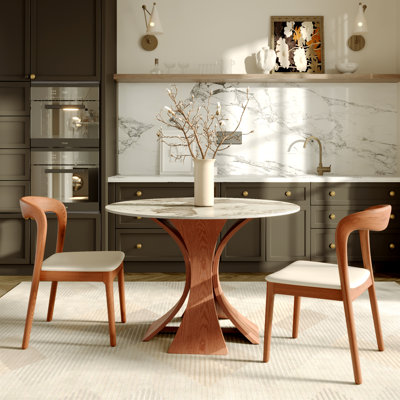 3/5/7 Pcs Mid-Century Sintered Stone Round Dining Table Sets With Comfort Pu Leather Kitchen Chairs For 2-6