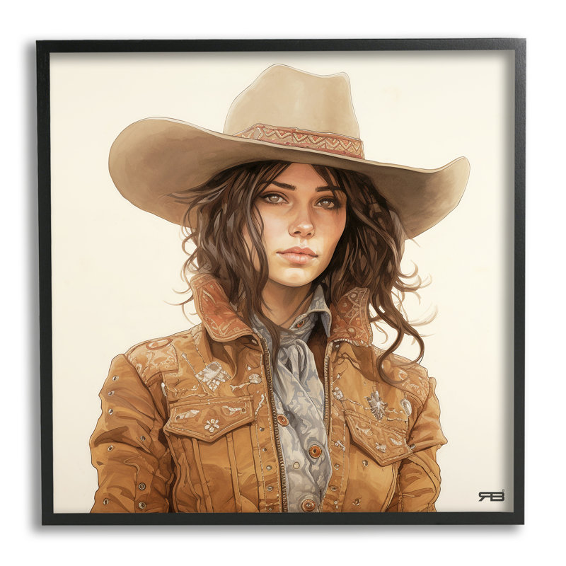 «Boho Cowgirl on Beige» par RB, impression sur toile, H 12 po x l 12 po, Giclée encadrée noir minuit