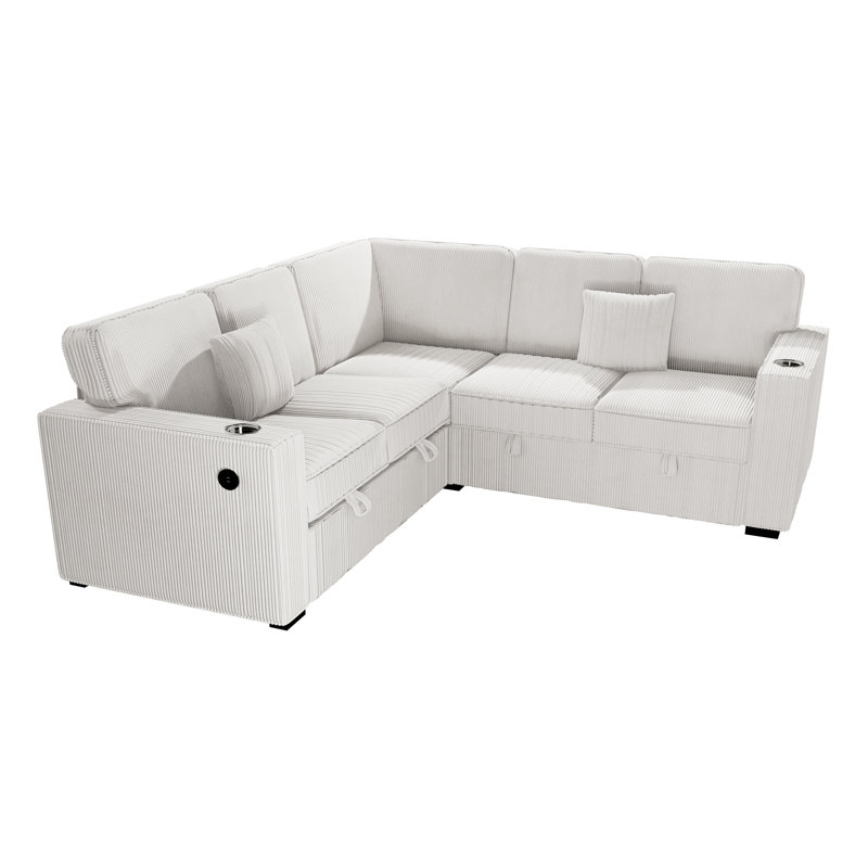 3-Piece Convertible Sectional, Beige Corduroy
