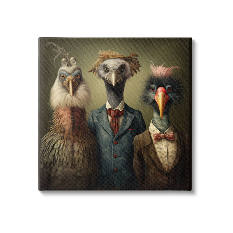 Oiseaux en costumes de fantaisie sur toile, H 36 po x l 36 po x P 1,5 po