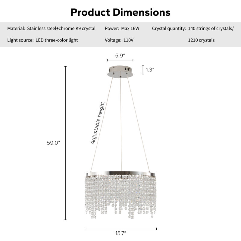 Luminaire suspendu à DEL Mahria avec cristal K9 et hauteur réglable Mahria