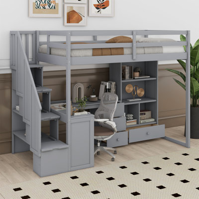 Loft Bed With L-Shaped Desk And Drawers, Cabinet And Storage Staircase