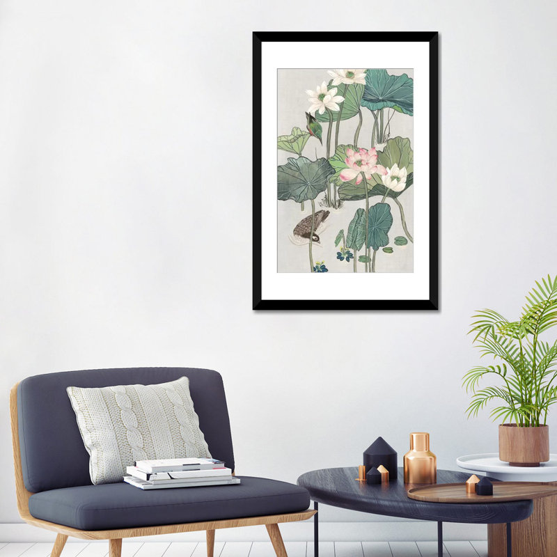 «Lotus Pond II», reproduction sur toile, H 24 po x l 16 po x P 1 po, Papier beaux-arts encadré noir, Blanc