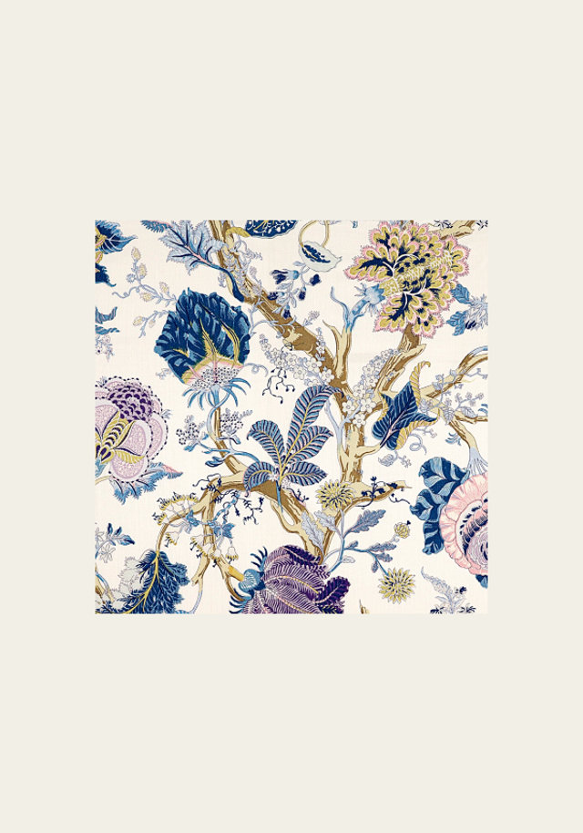 Botanical illustration of tree branches with stylized blue and purple flowers