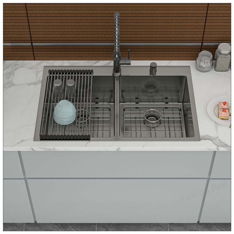 Double Bowl Drop in Sink - 33x22 Inch Gunmetal Black, 16 Gauge with Two 10 Inch Deep Basins for Efficient Kitchen Use, Black