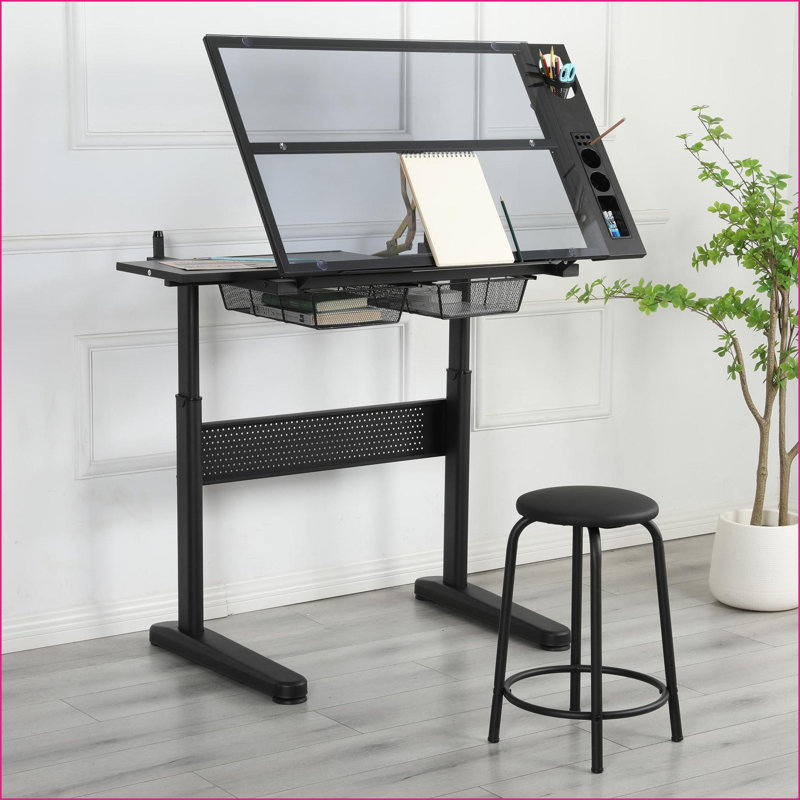 Bureaux, table à dessin réglable à manivelle avec plateau en verre inclinable, 2 tiroirs, bureau latéral étendu et amp; Tabouret | Noir | Verre et métal