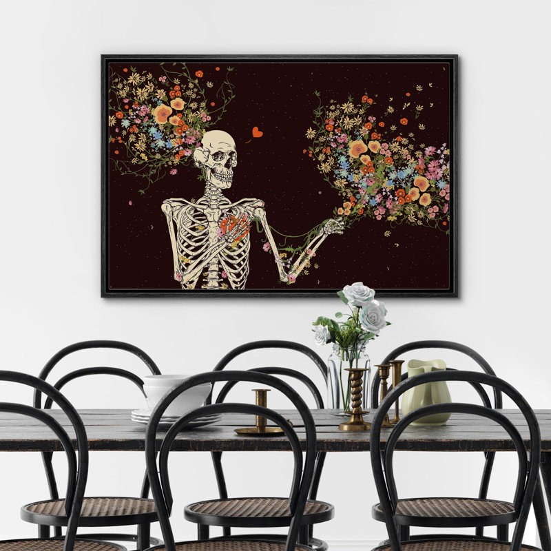 Moody Gothic " Floral Skeleton Skull Horror Gothic Moody Dark Illustrations Modern Art Work Decor " Print, 24" H x 36" W