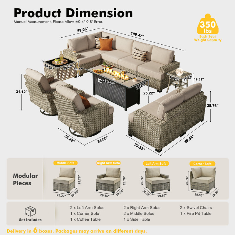 Tommy Wicker 9-person Modular Outdoor Sectional Seating Group With Swivel Chairs And Cushions, Patio Conversation Set With Fire Pit Table