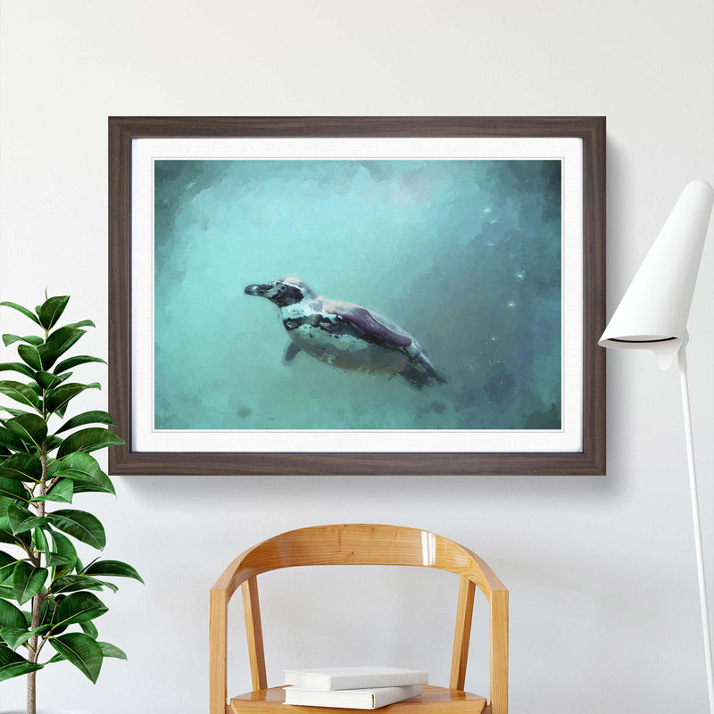 Solo Swimming Penguin in Abstract - Framed Print, 36cm H x 48cm W x 2cm D, Walnut Framed