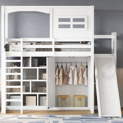 Lit mezzanine simple en bois avec garde-robe, tablettes de rangement, glissière et lumières DEL, blanc