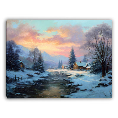 Twilight Village Stream Wrapped Canvas Wall Art