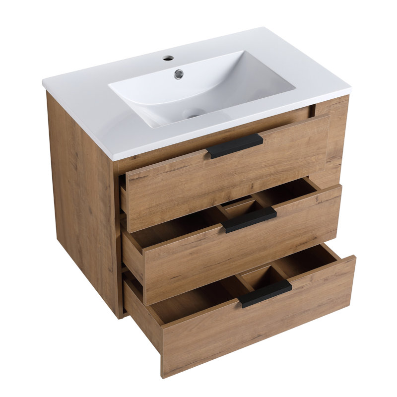 Meuble-lavabo mural 30 po avec lavabo, tiroir à fermeture en douceur et tablette latérale