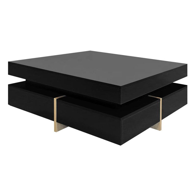 Table basse moderne à haute brillance avec 4 tiroirs, table basse carrée multi-rangement avec pieds en grain de bois, table centrale pour le salon, 31,5 po x 31,5 po