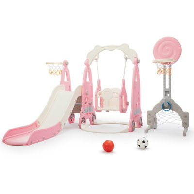 6-in-1 Toddler Playset with Slide, Swing, Climber, Basketball Hoop & Ring Toss for Indoor and Outdoor Use, Perfect Playground for Kids Ages 1-8