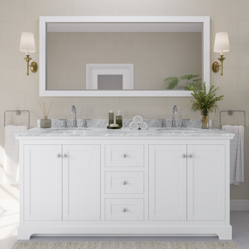 Avery 72'' Double Bathroom Vanity with Top with Mirror, Polished Chrome, White